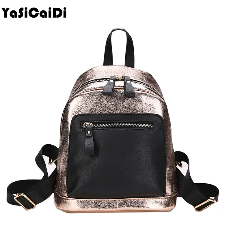 

YASICAIDI Sequined Women's Backpacks Double Zipper PU Leather Backpacks For Teenage Girls Patchwork Women Bacpacks Mujer Mochila