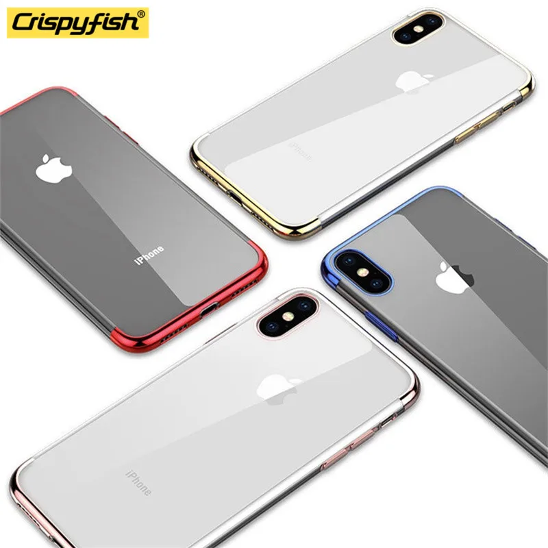 

Crispyfish Luxury Silicone Clear Case For iPhone X 6 6S Plus TPU Soft Plating Frame Transparent Cover For iphone 7 8 Plus XS Max