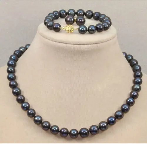 

charm Jew.655 natural 10-11mm round natural south sea black pearl necklace Bracelet Earring 14KGP/20 jewelry set