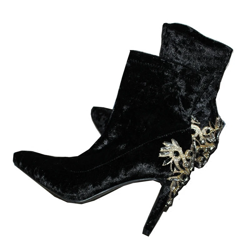 

winter women crystal boots luxury women velvet high heel 9 cm boot lady pointed toe square thin heel shoes stretch ankle boot