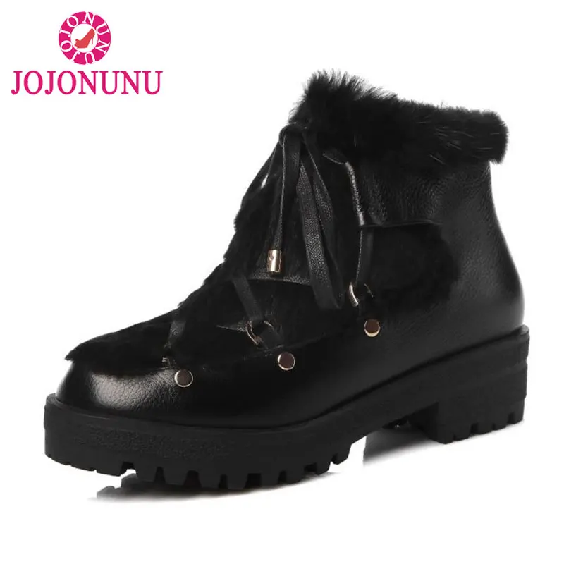 

FITWEE Women Brand New Real Genuine Leather Ankle Boots Woman Lace Up Fur Winter Warm Botas Mujer Square Heel Shoes Size 34-42