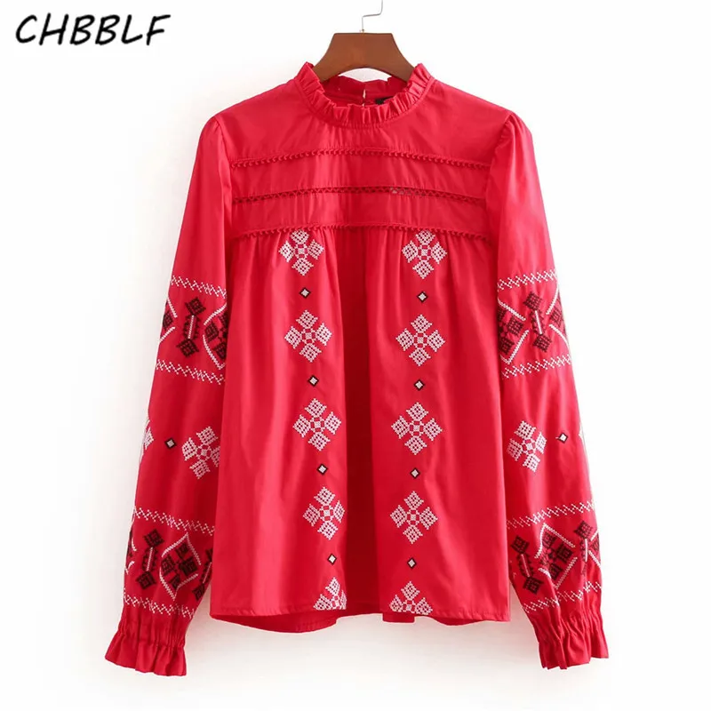

CHBBLF women sweet floral embroidery blouse ruffled collar long sleeve red shirts female casual cute tops BGB8389