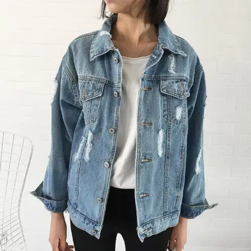 

Women Basic Coats 2018 Spring Summer Ripped Denim Jacket Femme Vintage Long Sleeve Jeans Jacket Bomber Casual Coat