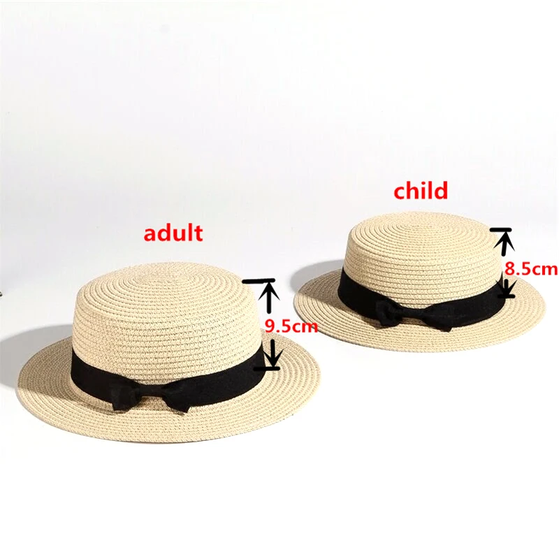Соломенная шляпа на плоской подошве для родителей и детей, шляпа-канотье для девочек, летние шляпы с бантом для женщин, детская и пляжная соломенная шляпа на плоской подошве