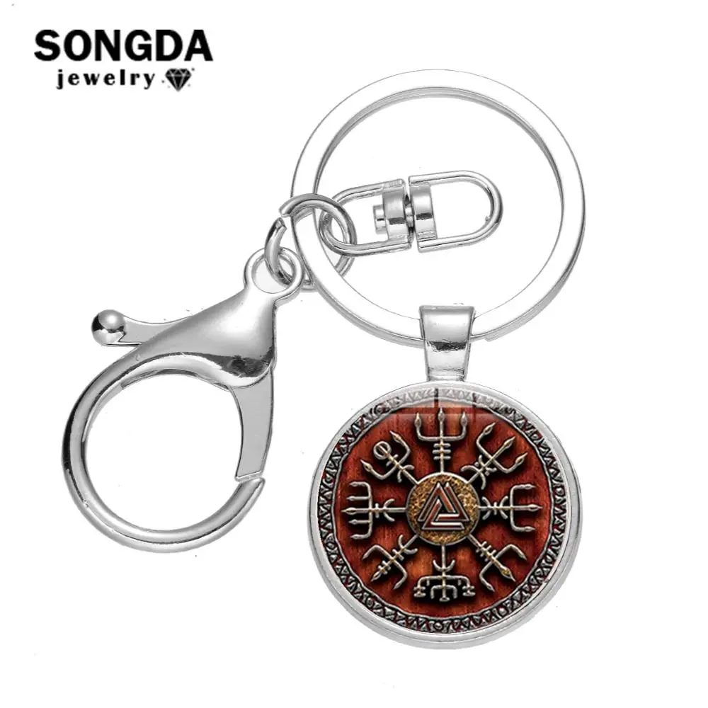 

SONGDA Vegvisir Viking Compass Keychain Icelandic Vegvisir Helmet Horror In Runic Circle Glass Cabochon Pendant Key Chain Amulet