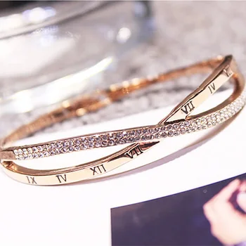 

Roman Numerals Luxury CZ H Cuff Rose Gold Color Female Bracelets Stainless Handcuffs Bangles Jewelry Crystal Bracelet For Women