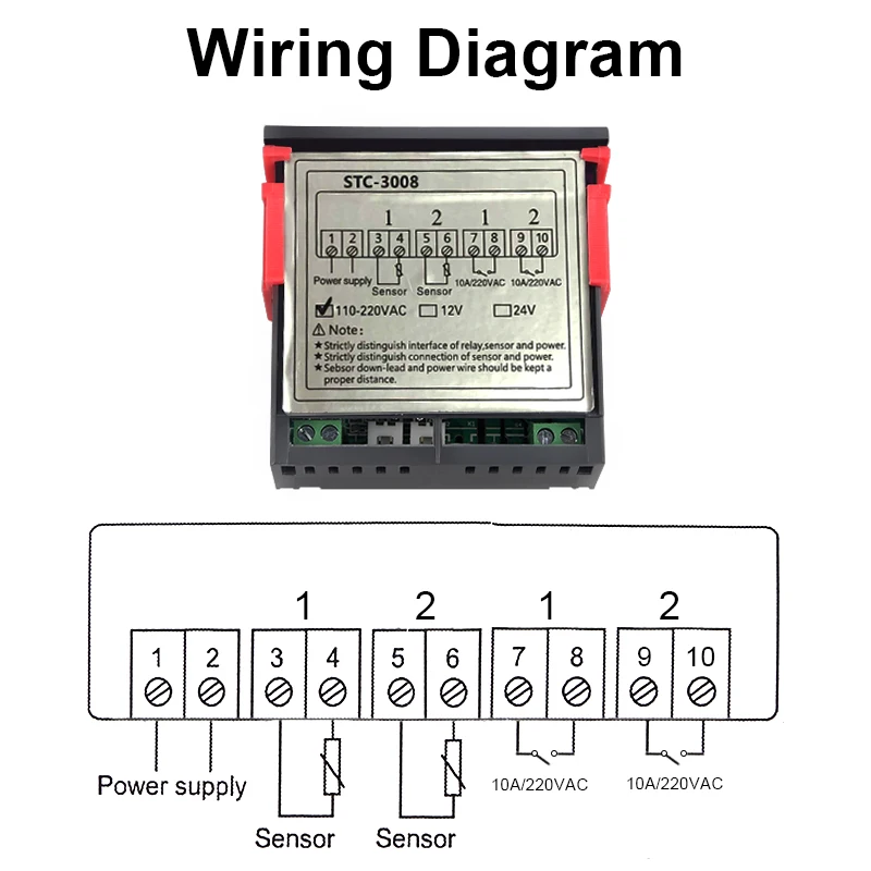 Двойной цифровой термостат, двойной регулятор температуры для инкубатора, релейный светодиодный STC-3008 охлаждения 10 А, 12 В, 24 В, 220 В