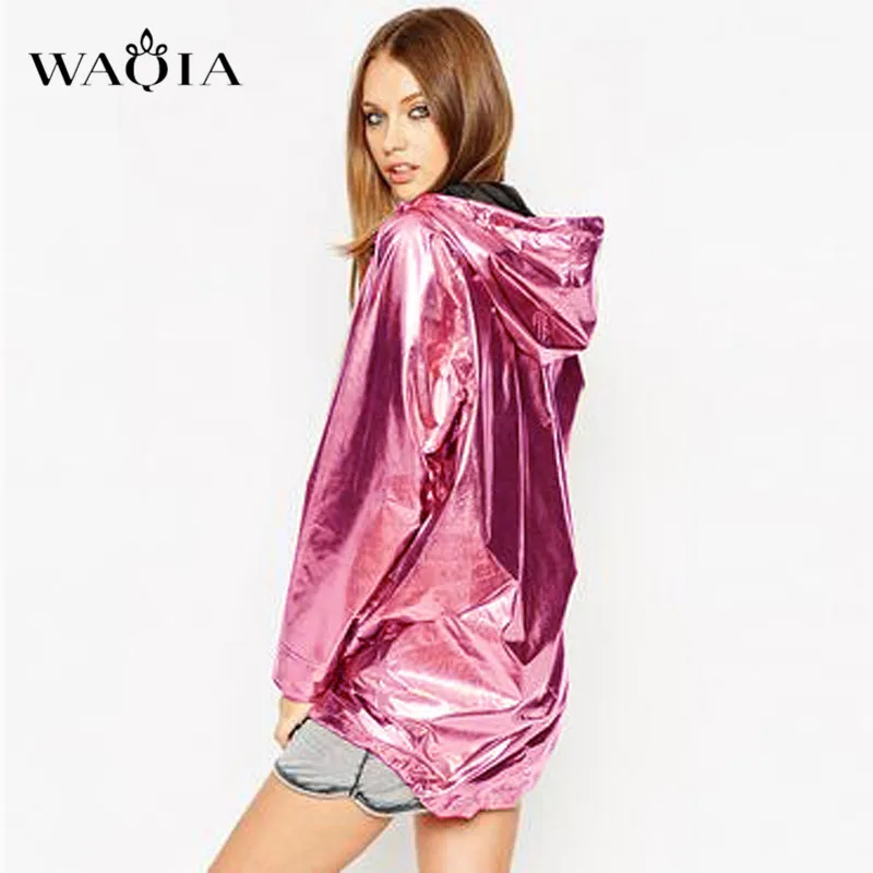 WAQIA Punk Metallic Color Hooded Basic Jacket Coat Women Lace Up Pocket Biker Jacket Outwear Autumn Casual Zipper Bomber Jacket