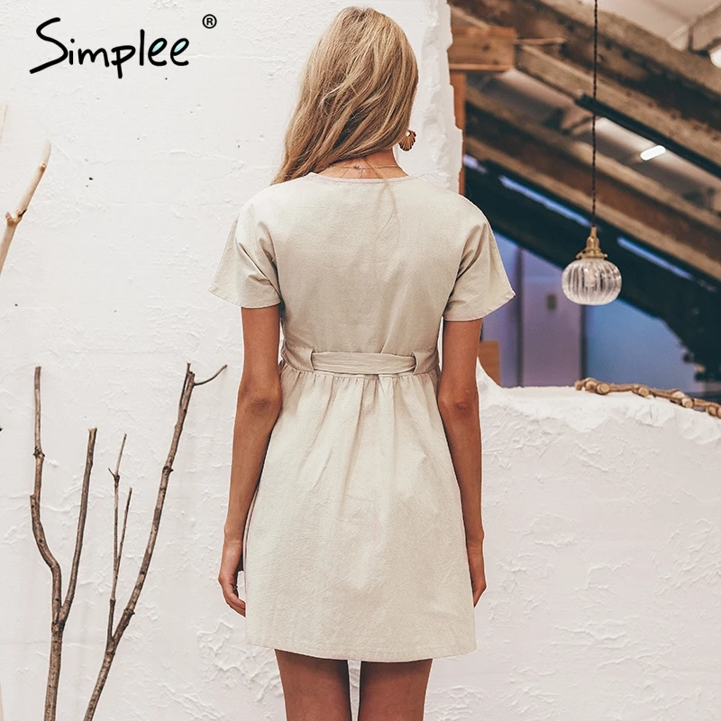 Женское хлопковое льняное платье Simplee винтажное с коротким рукавом и v образным