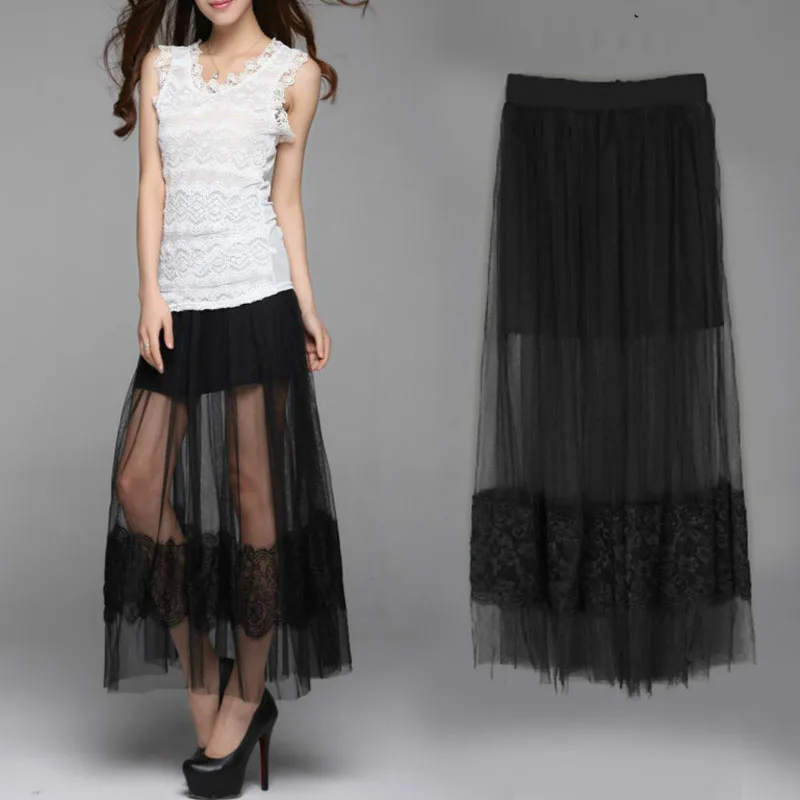 New Fashion Women Skirts Lace Long Skirts Summer NETTING Hollow Out