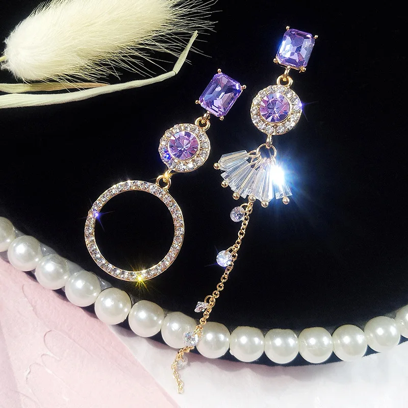 Три птицы фиолетовая Длинная кисточка из горного хрусталя серьги роскошные серебряные 925 иглы асимметричные серьги для женщин модные ювелирные изделия