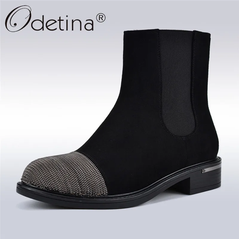 

Odetina Flock Leather Fashion Chelsea Boots Women Slip On Metal Decoration Low Heels Ankle Boots Autumn Winter Thick Plush Shoes