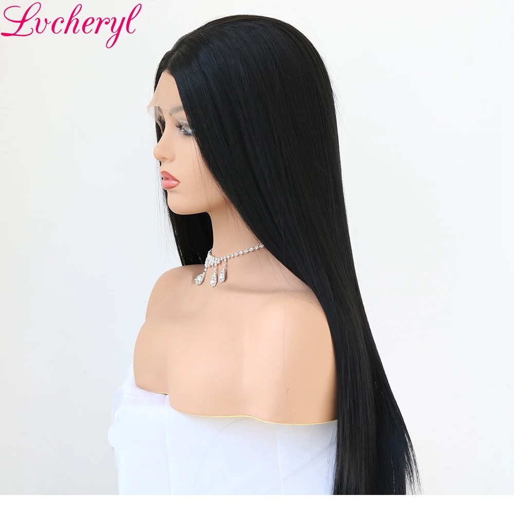 Lvcheryl длинные натуральные прямые черные парики на кружеве, завязанные вручную, бесклеевые термостойкие синтетические волосы, парики для женщин