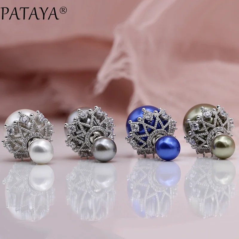 

PATAYA New 925 Silver Needle White Gold Natural Zirconia Shell Pearls Ball Stud Earrings Women Wedding Luxury Snowflake Jewelry