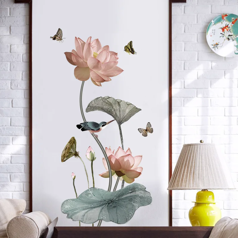 

Chinese style Elegant lotus Wall Sticker Home Decoration DIY bedroom Living room Background Mural art Decals poster stickers