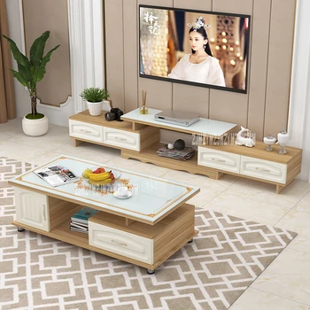 

DSG188 TV Stand Tea Table Combination Set Toughened Glass Scalable TV Bench Environmentally Friendly Solid Wood TV Cabinet