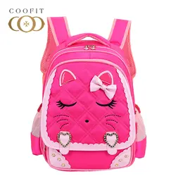 Coofit милый кот узор Обувь для девочек школьный бантом рюкзак для ребенка моды Алмазный решетки узор ранцы для детей и подростков