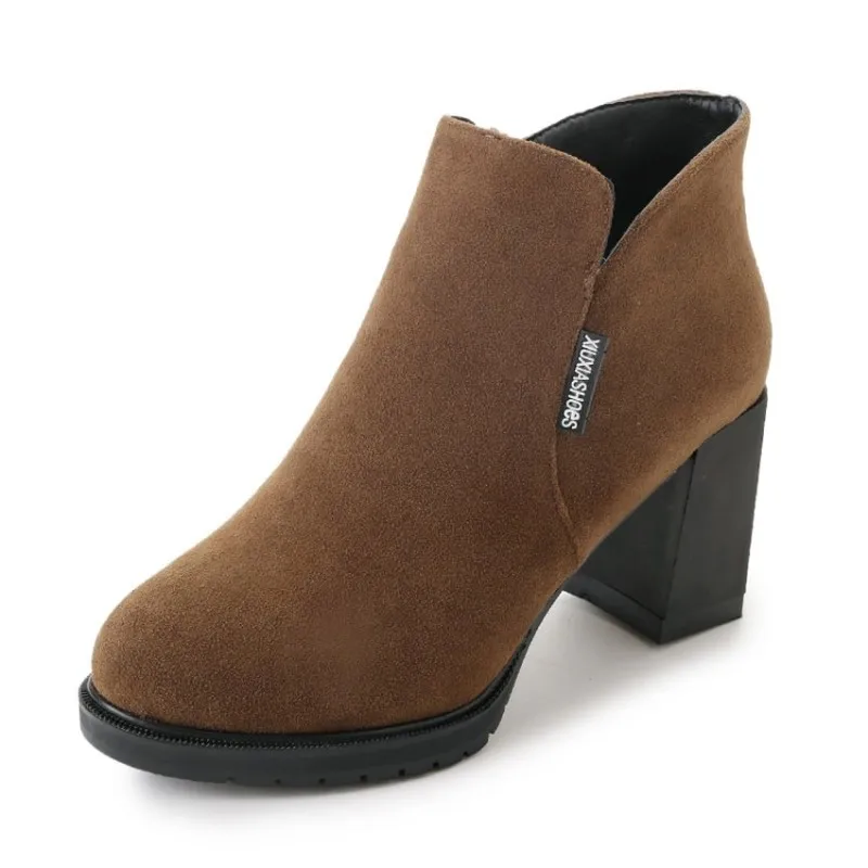 boots women 2018 newest ankle  thick high heels Chelsea boots ladies patchwork winter boots flock plush  Zip  High