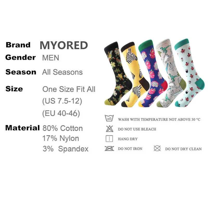 MYORED, 5 пара/лот, Модные Цветные забавные мужские носки для суши, новинка, нарядные носки, свадебный подарок, чёсаный хлопок, длинные носки, мужские носки с животными