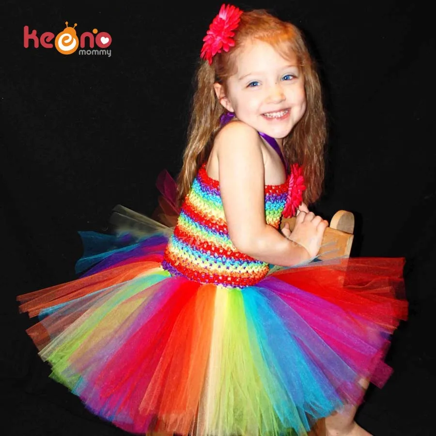 Keenomommy Girls Rainbow Tutu Dress and Daisy Hair Clip Set Handmade Birthday Party Halloween Christmas Costume TS126 | Детская одежда