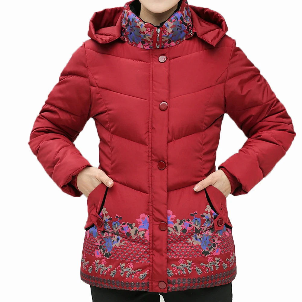 

Women Winter Hooded Puffer Jackets Casual Warm Parka Female Red Green Blue Flower Quilted Basic Coat Hood Outerwear Mother Wear