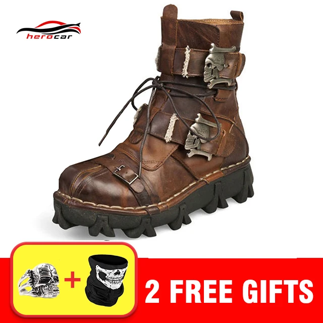 

Cool Motorcycle Boots Men Retro Genuine Cow Leather Skull Punk Martin Shoes Motorbike Biker Moto Boots Protective Gear EU 38-49