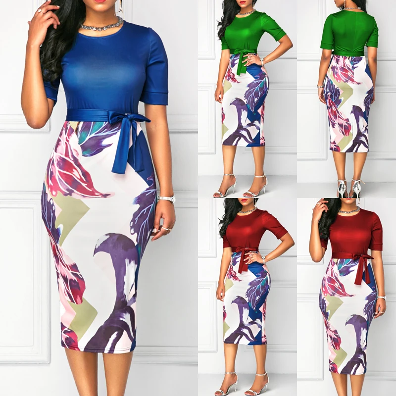 Professional Women Elegant Casual Work Business Office Classic O neck Neck belt Printing Patchwork Bodycon Pencil Dress