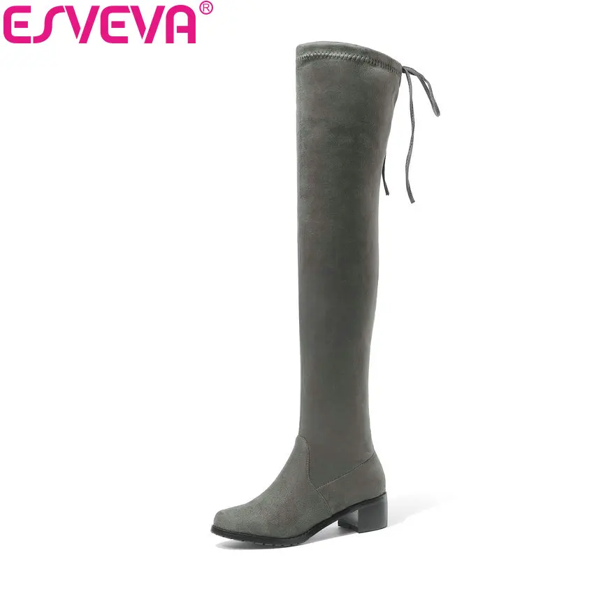 Achat ESVEVA 2019 Femmes Bottes Chaussures Lacent des Bottes Sexy Sur Le Genou Bottes Chaussures Med Talons De Mode Bout Carré D hiver bottes Taille 34 43