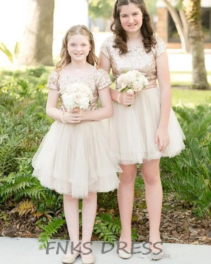 Pretty Champagne Sequin Top Tulle Skirt Flower Girl Dresses Short Teen Wedding Party Dress