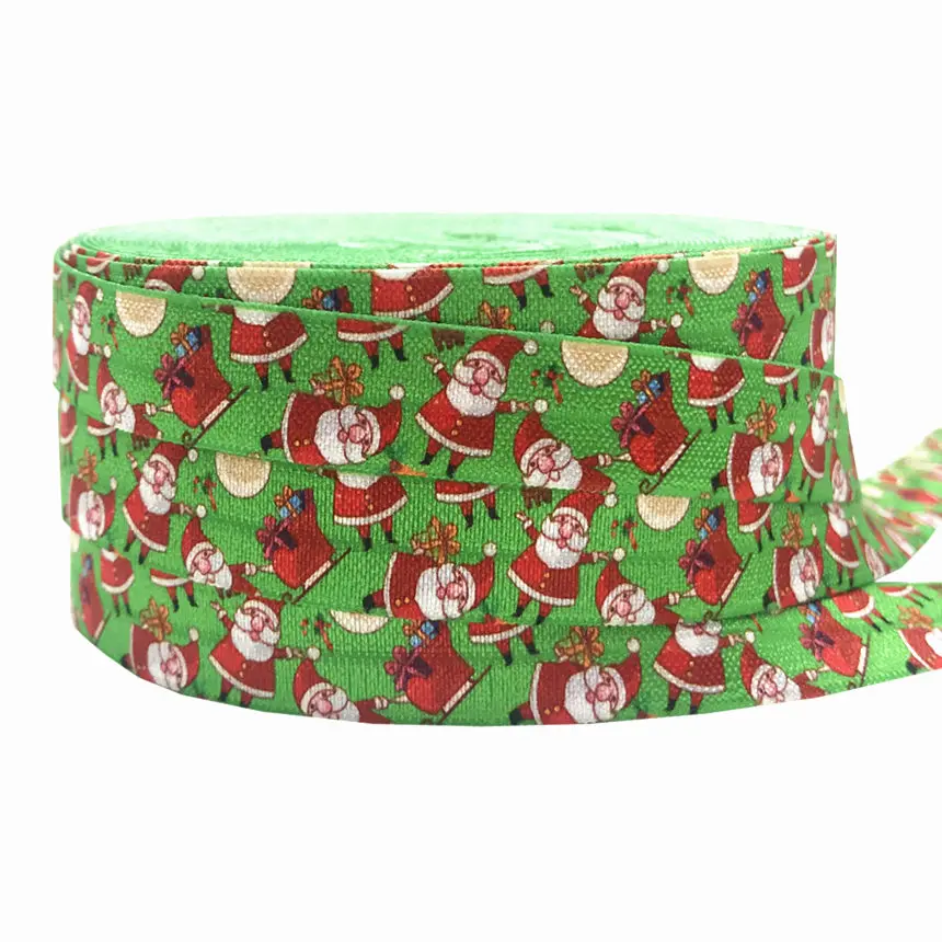 

Christmas presents and Santa Claus Fold Over Elastic Green 5/8"FOE Ribbon For Elastic Hair Band Hair Accessory wholesale