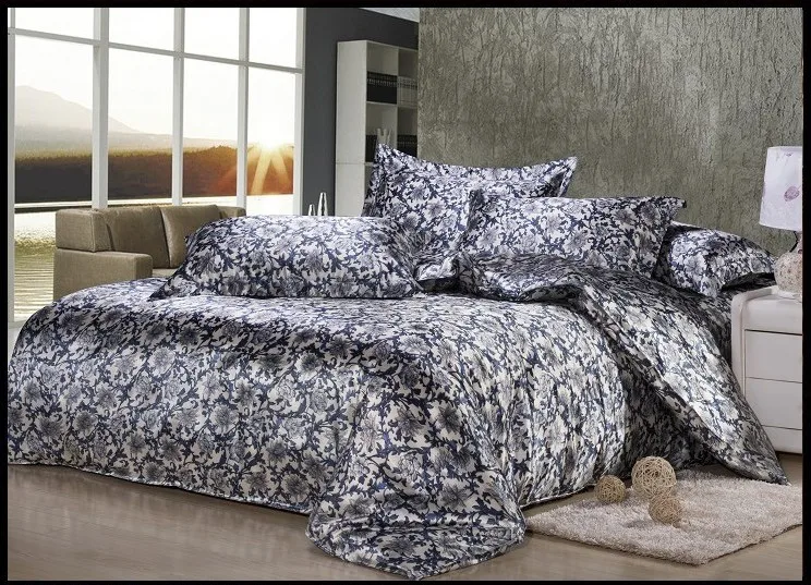 Luxury Chinese blue floral silk satin bedding set king size queen full