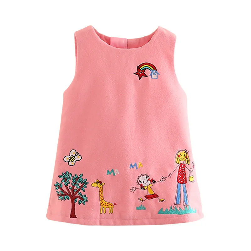 

Mudkingdom Girls Autumn Faux Wool Dress Kids Cartoon Embroidery O-neck Sleeveless Thermal Dresses Children Clothing
