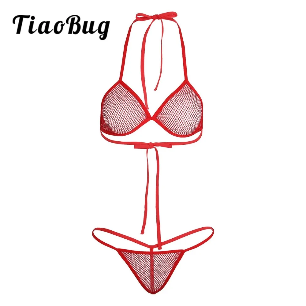 

TiaoBug Sexy Women Lingerie Adjustable Straps Underwear Fishnet See-through Bikini Bra Top with Matching Open Butt G-string Set