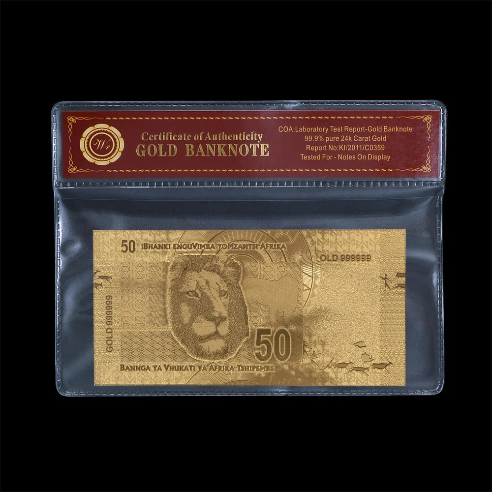 Чистый металл банкнота из золотой фольги двусторонняя печать Южная Африка Нельсон 50 с держатель из ПВХ
