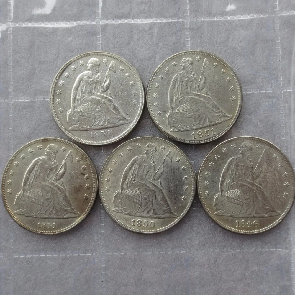 

Full set (1846-1860)-O 5pcs Seated Liberty Silver Plated Dollars One Dollar Coins Retail Replica