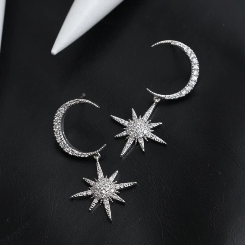 

Stars Moon Micro-inlay 925 Sterling Silver Temperament Exquisite Elegant Personality Fashion Female Earrings SEA309