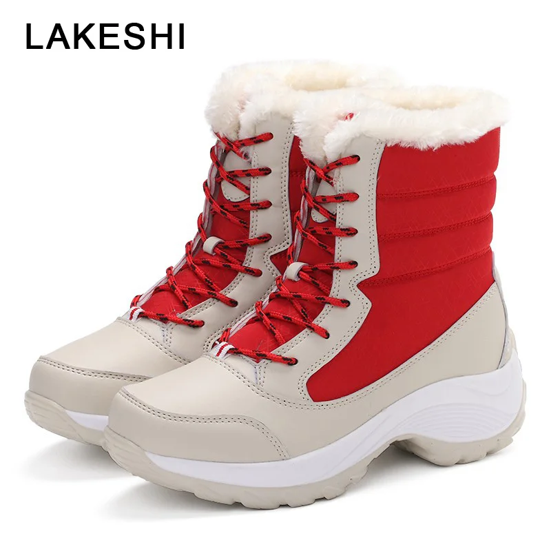 LAKESHI, новые женские ботинки Нескользящие Водонепроницаемые зимние ботильоны ботинки до середины икры женские зимние ботинки теплая женская обувь на меху женская обувь