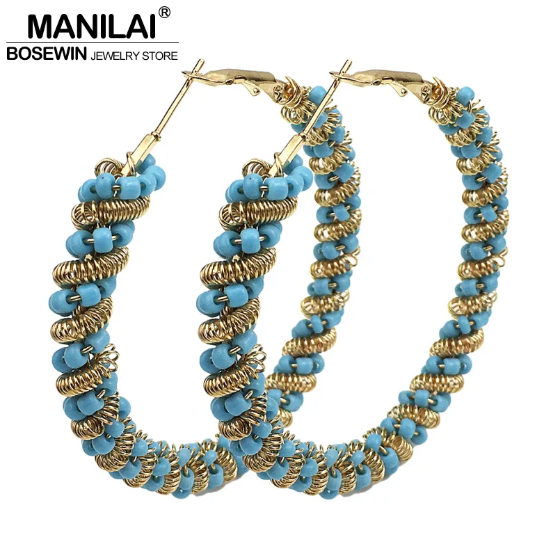 

MANILAI Fashion Round Beaded Hoop Earrings Women Bohemian Handmade Acrylic Beads Statement Big Earrings Jewelry Wholesale Gift