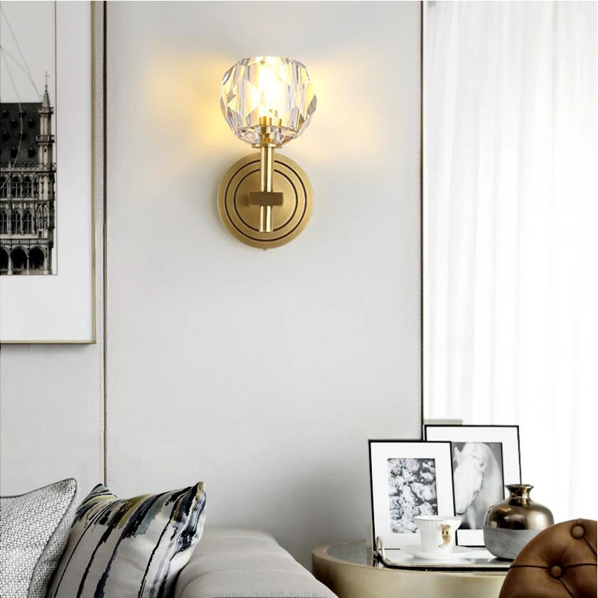 Современный медный Хрустальный настенный светильник для гостиной, спальни, прикроватный светильник, скандинавский роскошный светодиодный настенный светильник