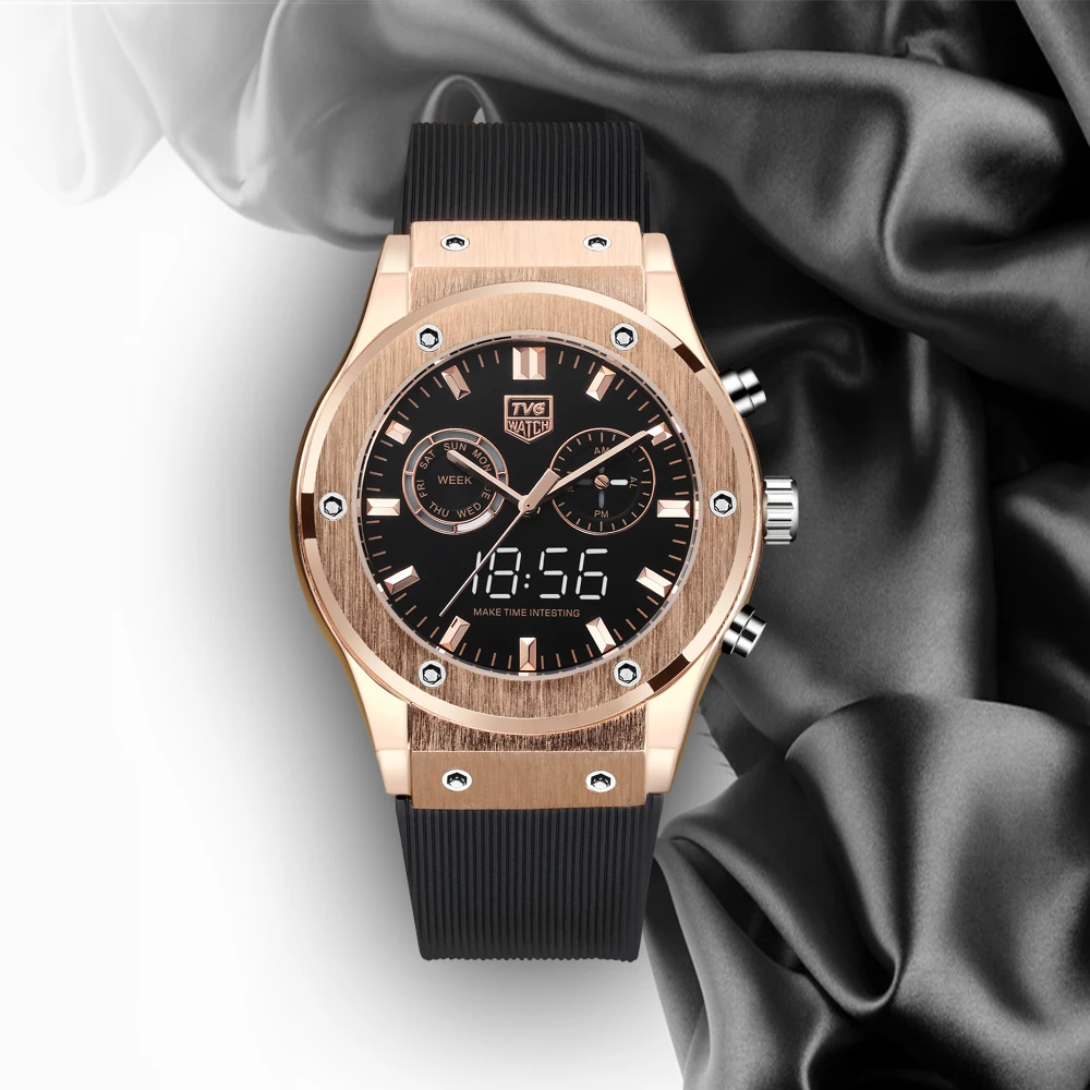 Relógio de Luxo Relógio de Tela Pulseira de Silicone Impermeável Dupla Nobre Rosa Ouro Cor Correspondência Tvg