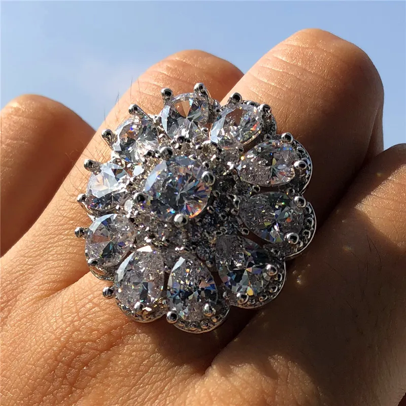 Роскошное женское кольцо с большим циркониевым камнем, милое кольцо в стиле бохо, 925 серебро, белый, розовый цветок, кольцо для помолвки, кольца для женщин