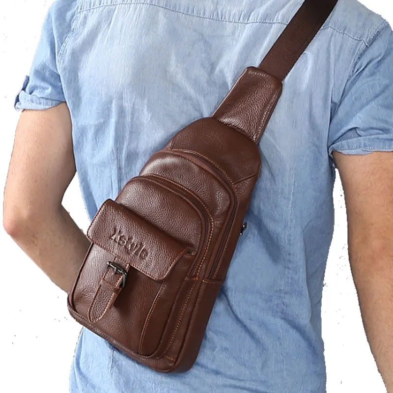 

High Quality Men Genuine Leather First Layer Cowhide Sling Chest Bag Travel Leisure Crossbody Shoulder Pack