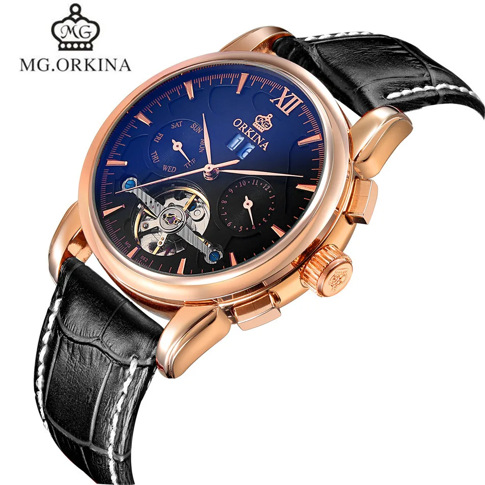 

New MG.Orkina Men's Day 4 Hands Tourbillion Big Case Auto Mechanical Genuine Leather Strap Watches Gift Box Reloj Hombre