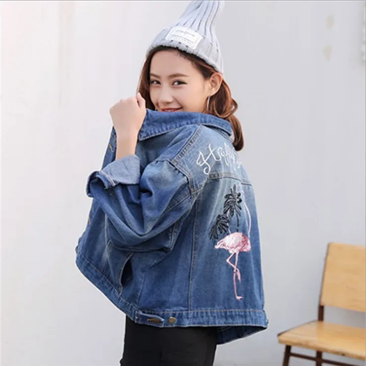 

Flamingos Embroidered Women Dzhinsovki Denim Jacket Boyfriend Loose Short Jean Jackets Coats Feminina Casaco
