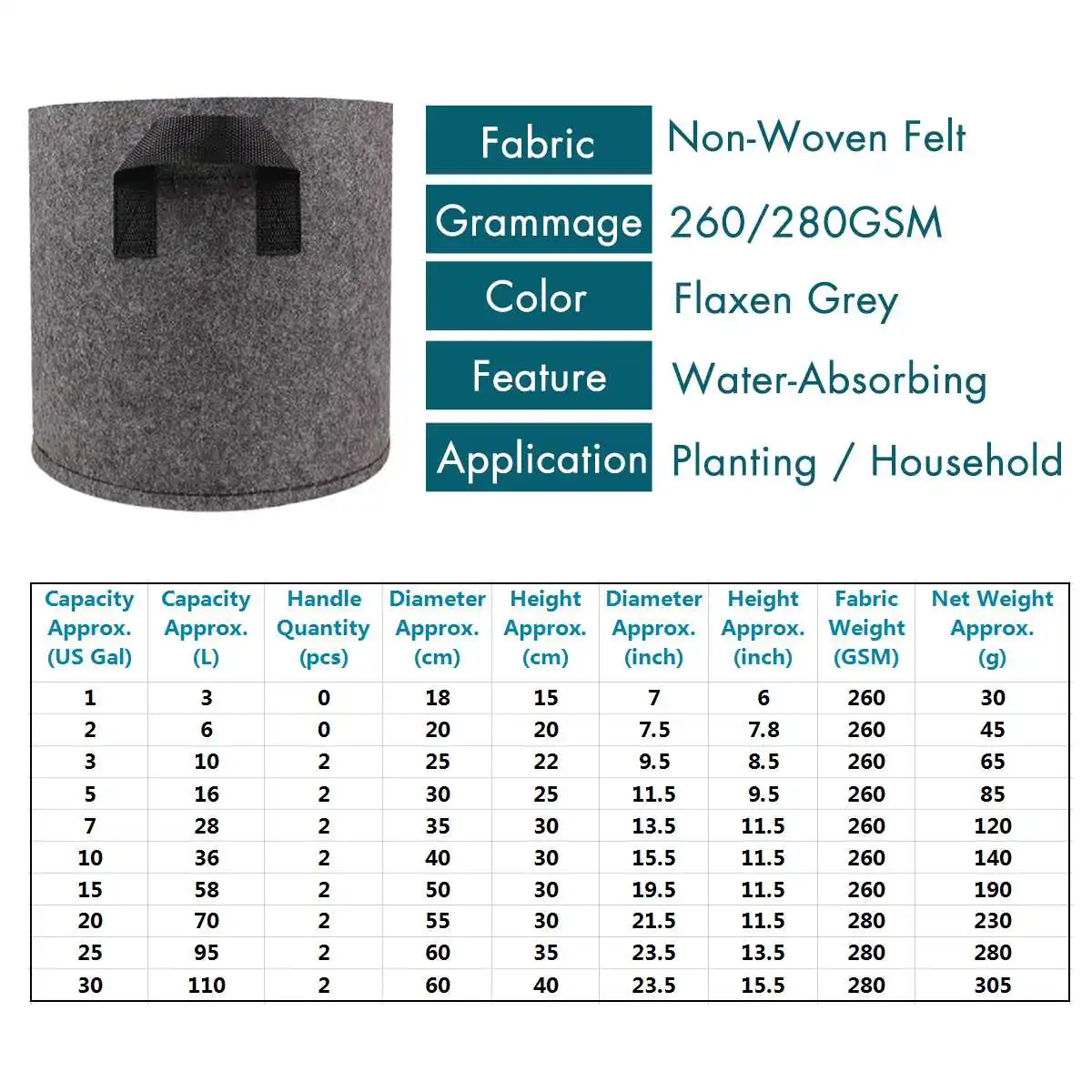  Non-Woven Felt 1-30 Gallon Fabric Grow Bags Breathable Pots Planter Root Pouch Container Plant Smar - 33032020819