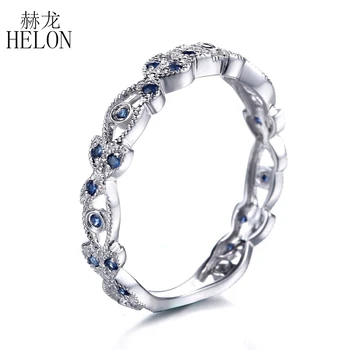 

HELON 925 Sterling Silver 0.2ct Genuine Natural Sapphires Ring Elegant Filigree Gemstone Engagement Band Ring For Women Jewelry