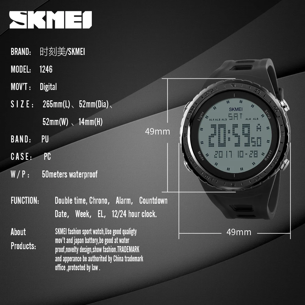 SKMEI мужские спортивные часы двойной таймер обратного отсчета будильник LED 50 м