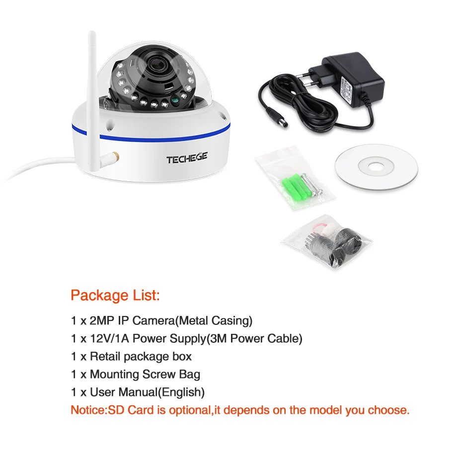 Online Techege 1080P cámara tipo domo con WiFi Audio inalámbrico con cable de visión nocturna a prueba de vandalismo 2MP CCTV Cámara SD ranura para tarjeta Max 64G adaptador gratis