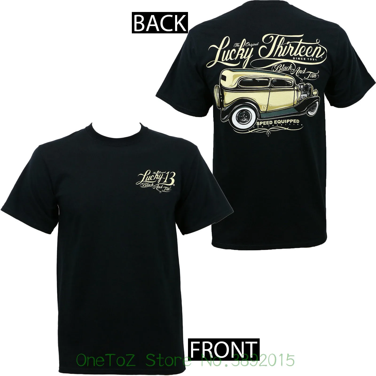 

Print Tee Shirts Authentic Lucky 13 Black And Tan Speed Equipped Hot Rod T-shirt Printed T Shirt Short Sleeve Men