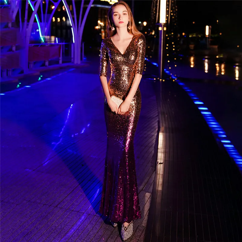 Платье выпускного вечера с блестками It's Yiiya, Вечерние платья V-образным вырезом, с длинным рукавом и длинными рукавами,C077, лето - Цвет: as picture